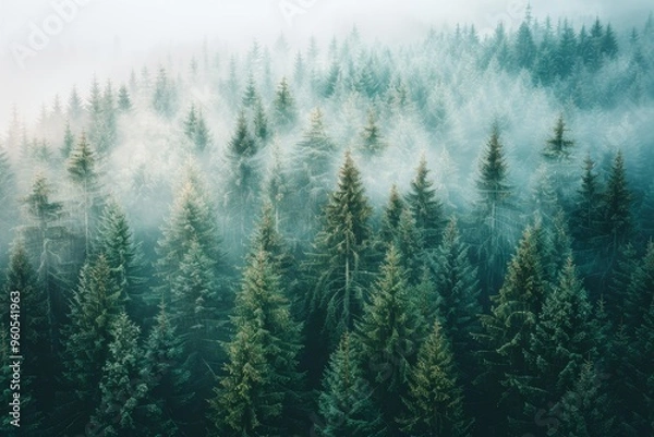Obraz Aerial view of dense forest enhancing carbon capture for climate neutrality and emission reduction