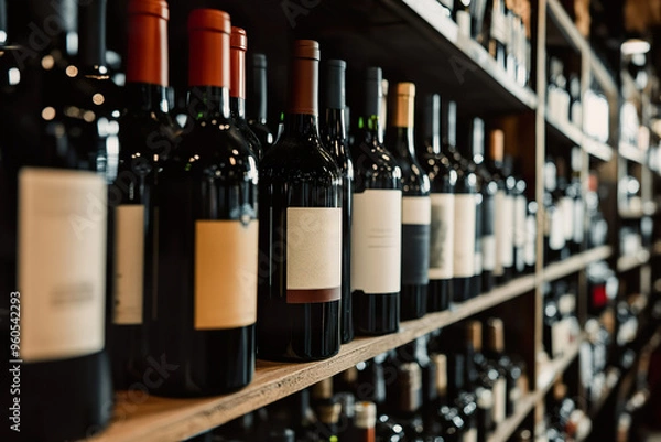 Fototapeta Variety of wine bottles displayed on a wooden shelf in a wine shop