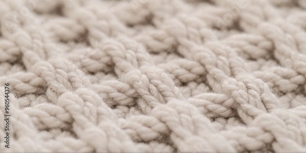 Fototapeta Close-up of a beige wool knitted fabric, showcasing soft texture and intricate stitch details.
