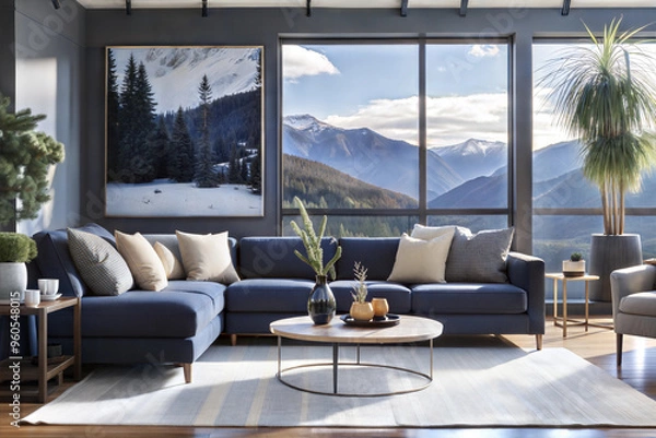 Fototapeta Modern living room with a panoramic mountain view. Features a light blue sectional, armchairs, a coffee table with vases, a beige rug, dark grey walls, and potted plants