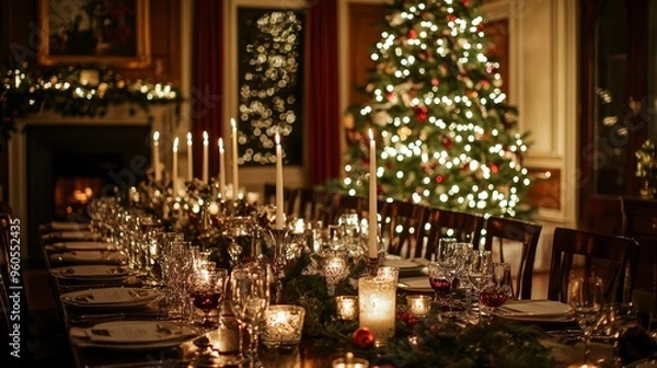 Fototapeta Elegant Christmas Dinner Party Table Setting with Candles and Bokeh Holiday Lights for Festive Decor