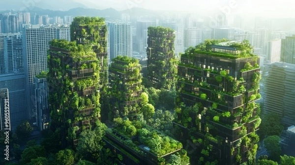 Obraz Aerial view of futuristic eco-friendly skyscrapers adorned with lush greenery integrated into the urban landscape of a modern city.