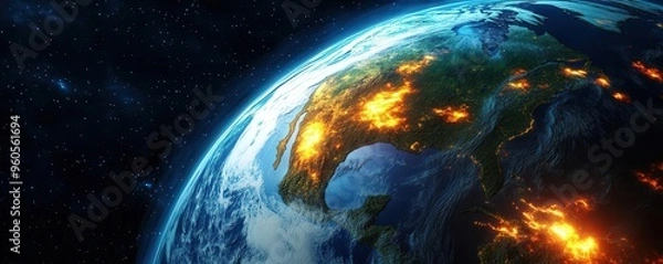 Obraz A stunning view of Earth from space, highlighting vibrant colors and dramatic flames reflecting its dynamic nature.