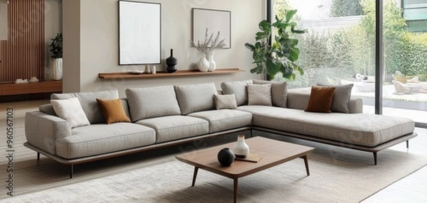 Obraz Modern Sectional Sofa with Wooden Accents Low Angle Perspective Grey Fabric Natural Light Streaming Through Window