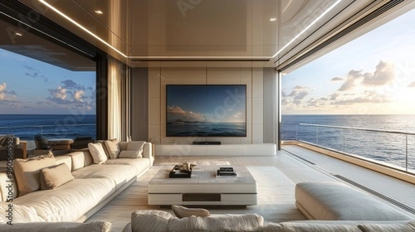 Fototapeta Luxury Yacht Interior A view from the living room with a large TV a couch and a coffee table overlooking the ocean with a sunset in the background