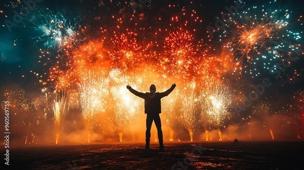 Fototapeta A silhouette of a man doing an impressive rocket trick, with vibrant New Year's fireworks creating a dramatic backdrop against a dark sky