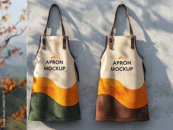 Obraz Two Apron Mockups Hanging on a White Wall with a Blurred Fall Foliage Background
