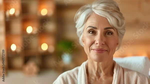 Fototapeta Middle-aged woman enjoying a soothing spa treatment, with a calming ambiance, soft lighting, and relaxing scents, her expression one of contentment and relaxation, copy space for text