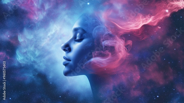Obraz A beautiful woman's face in eyes closed, set against the background of space and galaxies , 4k , wallpaper