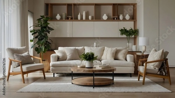Fototapeta A modern, minimalist living room featuring a central beige sofa with multiple cream-colored cushions, flanked by two wooden armchairs with light fabric upholstery
