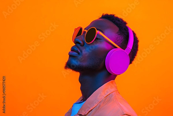 Obraz Stylish Men in Neon Pink Headphones with Solid Neon Orange Background Bold Lifestyle Portrait
