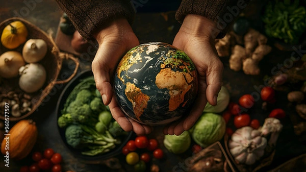 Obraz holding a globe in their hands surrounded by vegetables
