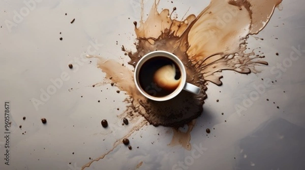 Fototapeta Coffee cup and spilled coffee on a white background. view is from above. Neural network ai generated art