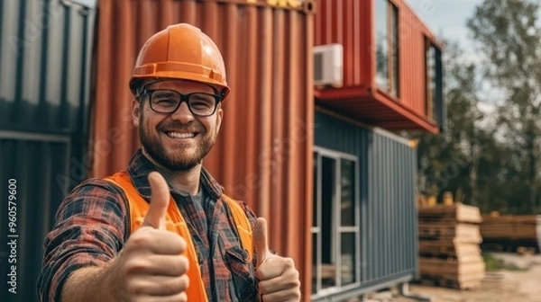 Fototapeta Portrait of a happy smiling worker in yellow helmet and glasses showing thumbs up, standing against a container on the construction site