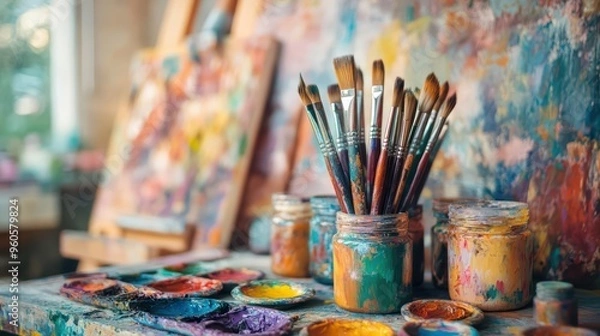 Fototapeta A photo of an artist's studio table with paintbrushes, palettes and jars filled with colorful paints