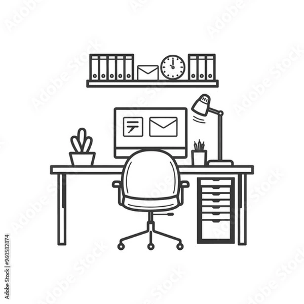 Fototapeta Line art illustration of a simple office desk setup