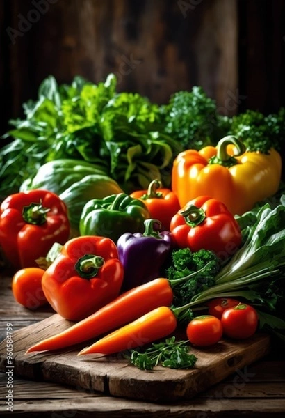 Fototapeta colorful vegetable arrangements displayed bright natural light creating visually appealing lively scene, harvest, garden, produce, salad, decor, green, red