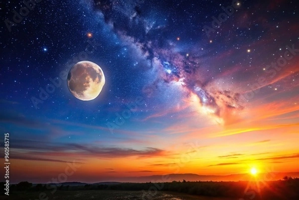 Fototapeta beautiful, view, clear sky, tranquil, Sunset on a clear sky with a breathtaking view of the moon and stars framing the scene creating a truly mesmerizing and magical ambiance