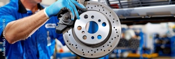 Obraz Automotive technician performing brake replacement as essential routine maintenance task