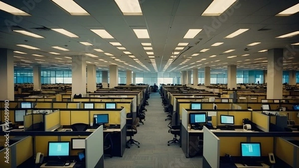 Fototapeta An empty yellow call center with rows of desks and chairs. Headsets and computer screens are neatly arranged, ready for the next work shift in the calm, organized workspace.