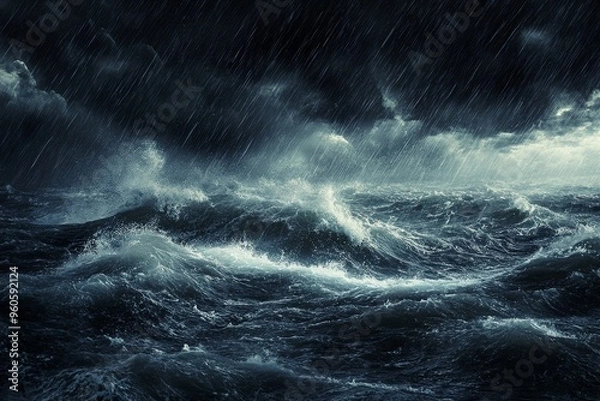 Fototapeta A fierce storm at sea with rain pouring down and waves crashing against the shore. background