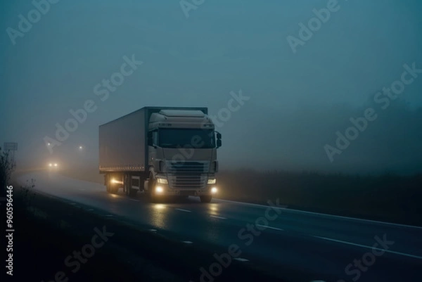 Fototapeta A large semi truck is driving down a foggy road at dawn. The headlights of the truck are on, illuminating the road ahead.
