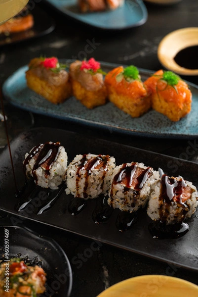 Obraz Sushi on Black Stone Table