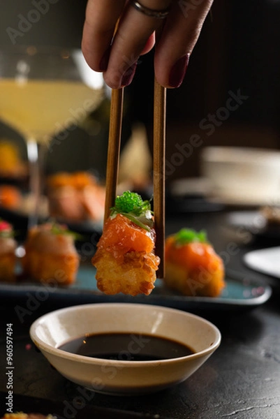 Obraz Sushi on Black Stone Table