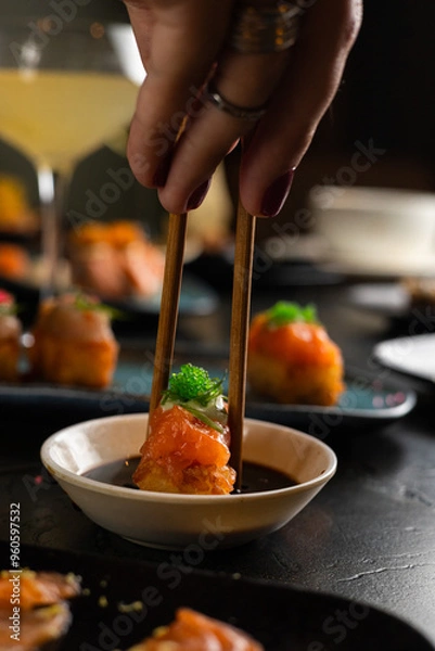 Obraz Sushi on Black Stone Table