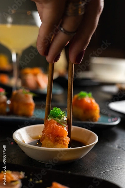 Obraz Sushi on Black Stone Table