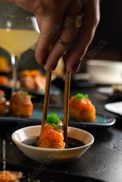 Obraz Sushi on Black Stone Table