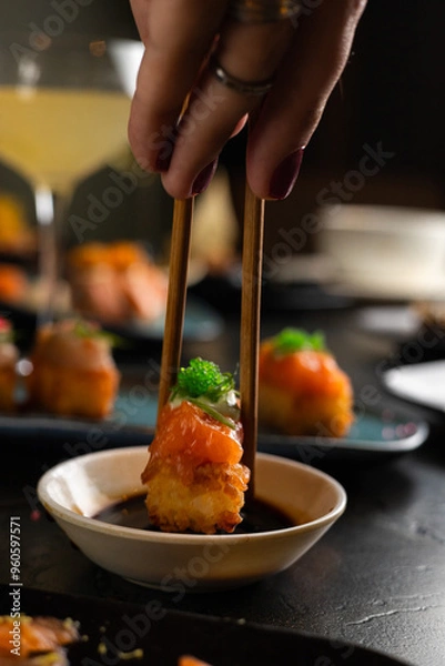 Obraz Sushi on Black Stone Table