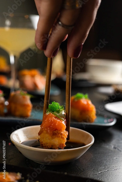 Obraz Sushi on Black Stone Table