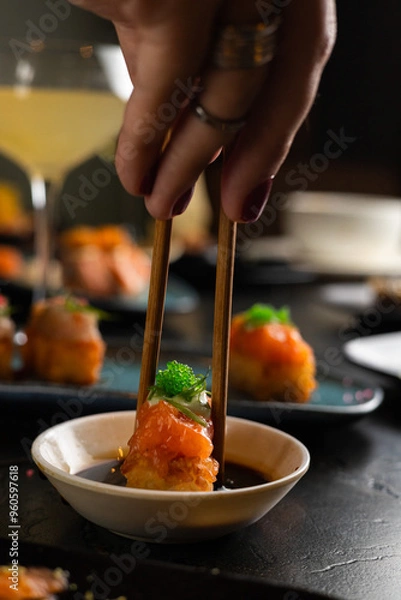 Obraz Sushi on Black Stone Table