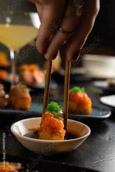 Obraz Sushi on Black Stone Table