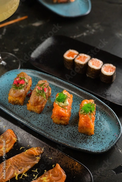 Obraz Sushi on Black Stone Table