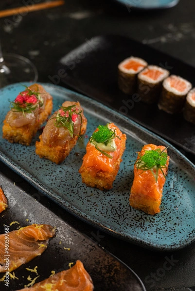 Obraz Sushi on Black Stone Table