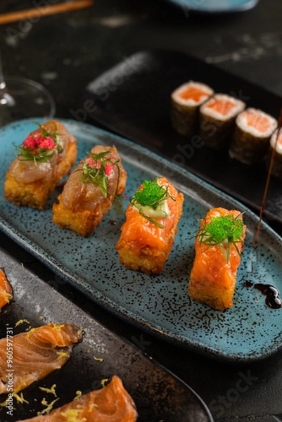 Obraz Sushi on Black Stone Table