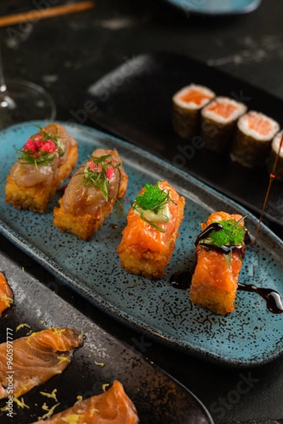 Obraz Sushi on Black Stone Table