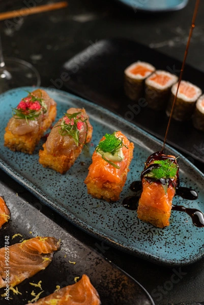 Obraz Sushi on Black Stone Table