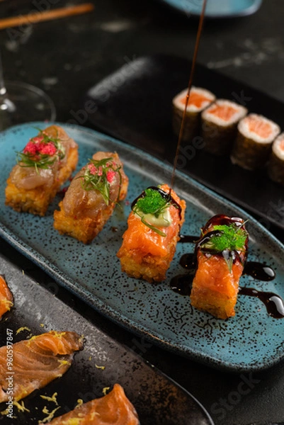 Obraz Sushi on Black Stone Table