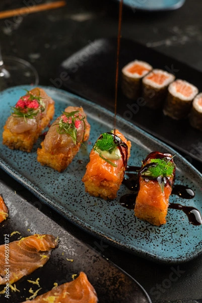 Obraz Sushi on Black Stone Table