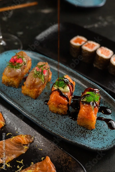 Obraz Sushi on Black Stone Table