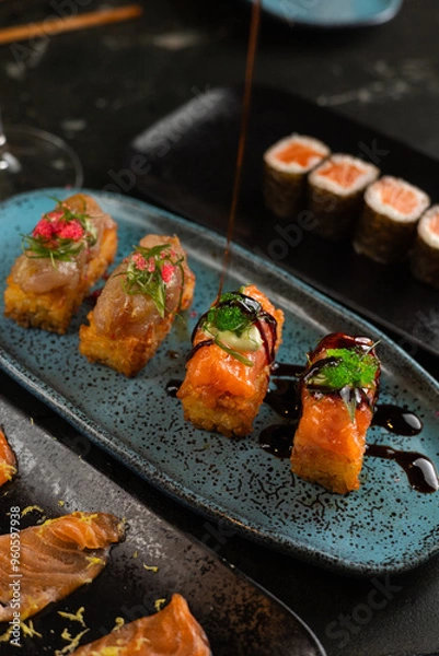 Obraz Sushi on Black Stone Table