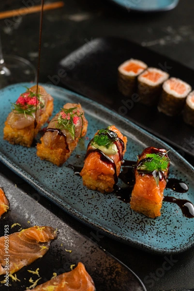 Obraz Sushi on Black Stone Table
