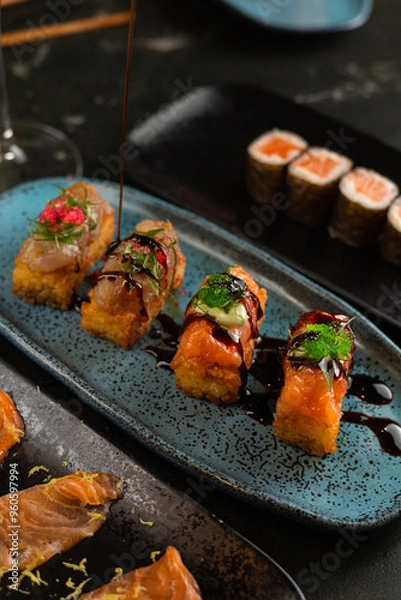 Obraz Sushi on Black Stone Table