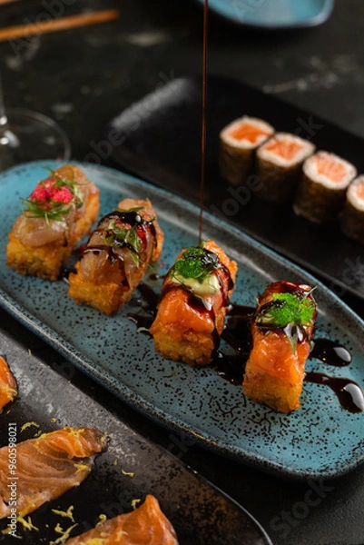 Obraz Sushi on Black Stone Table