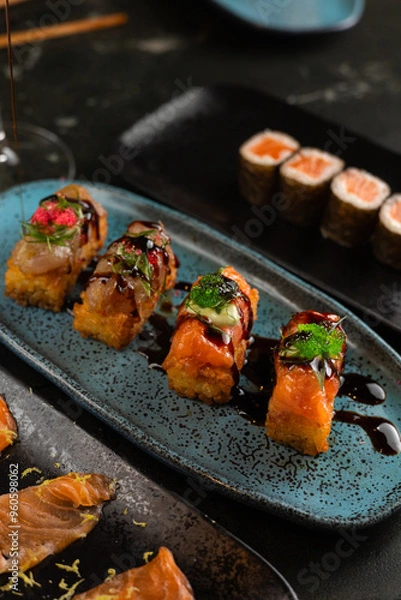 Obraz Sushi on Black Stone Table