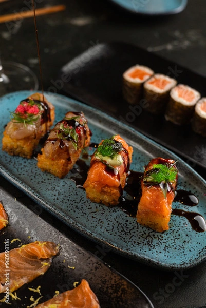 Obraz Sushi on Black Stone Table