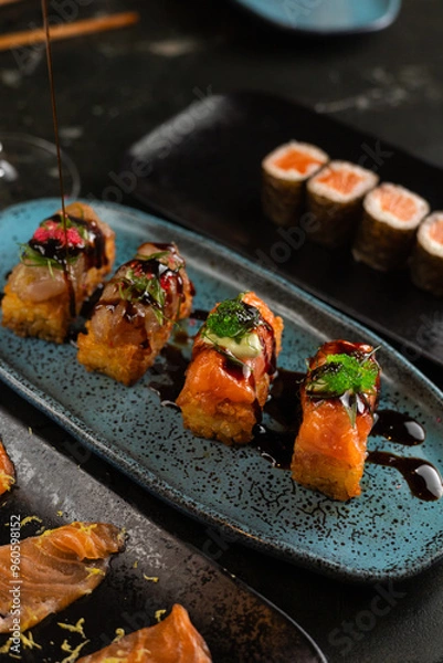 Obraz Sushi on Black Stone Table